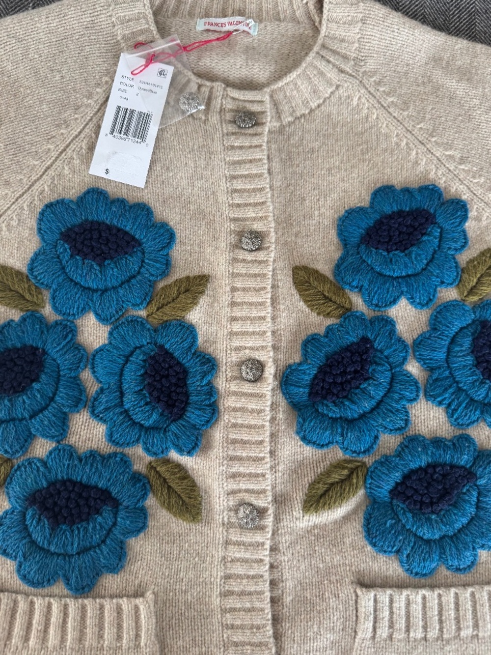 NWT, FRANCES VALENTINE, STUNNING BLUE FLORAL EMBROIDERED BOUQUET CARDIGAN